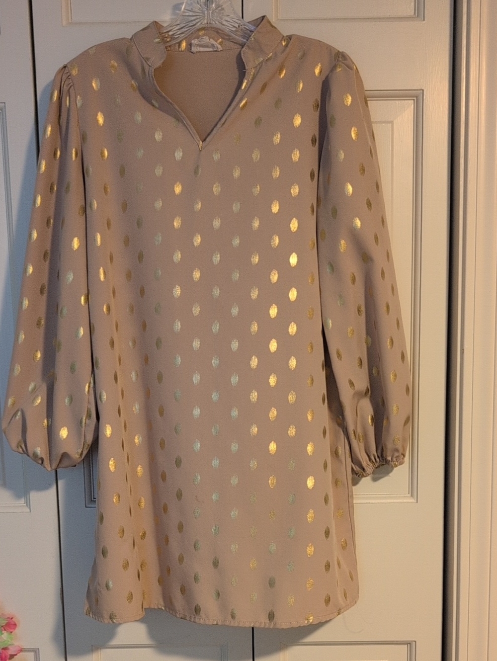 Beige Long-Sleeve Dress with Metallic Gold Dot Accents